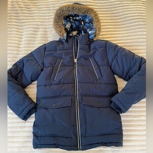 Navy Blue Parka Puffer Winter Coat Jacket with Faux Fur Hood Boys sz 14-16